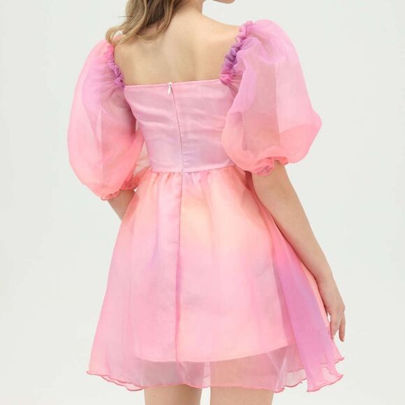 Cider Heart On Fire Pink Orange Ombre Sheer Tulle Poof Sleeve Mini Dress XL - Picture 2 of 6